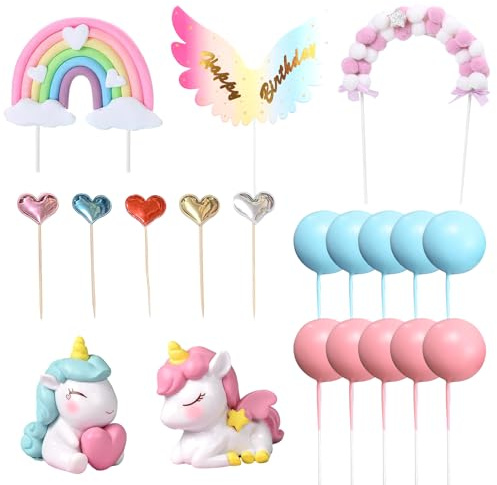 22 stycken regnbågshäst-kakinsatser, regnbågsstjärnor, moln, bollkaka lock, födelsedagsvingare, rosa och blå tårtdekorationsset, barns födelsedagstårta figurer