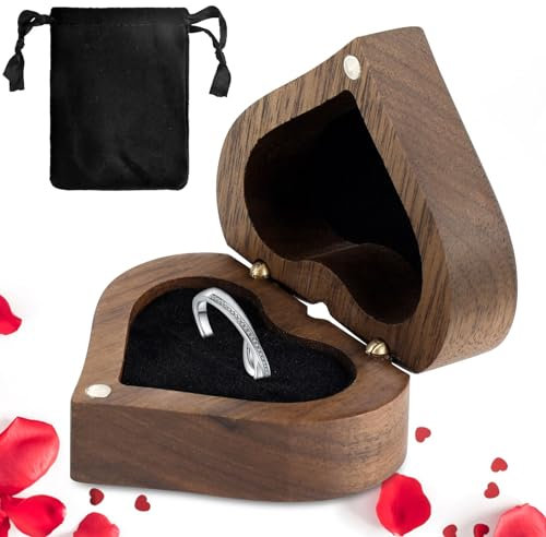 JABNOW Holz Ringbox für Hochzeit, Walnuss Herz Ringschatulle mit Softem Samt, Vintage Holz Ringkästchen für Verlobung Hochzeit Zeremonie Vorschlag Jubiläen Geschenk(6 * 5.5 * 3.3cm)