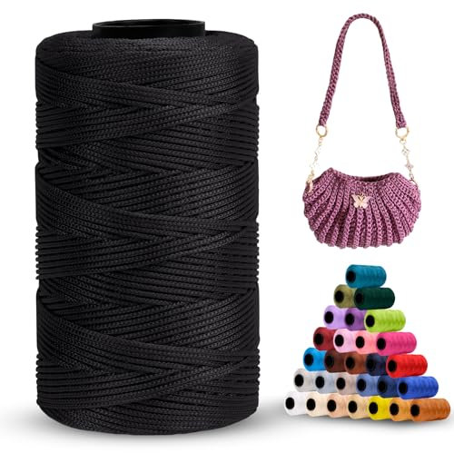 LEREATI Polyester Garn 1mm x 230m Makramee Garn 1mm Baumwollgarn Macrame Cord Polyester-Seil Baumwollkordel für Handtasche, Umhängetasche, Häkeltasche, Strickwaren (Schwarz)