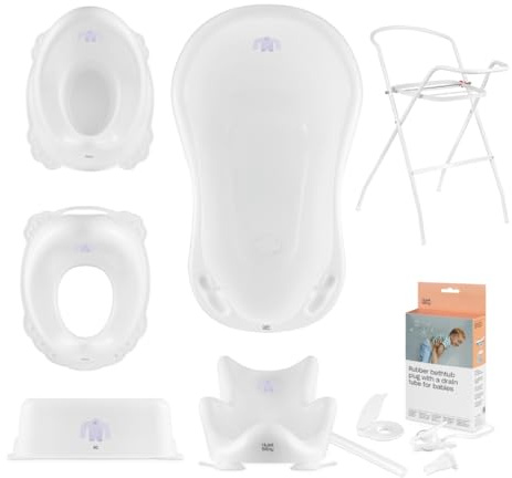 Hylat Baby Set Completo: Bañera estable para bebés con soporte, asiento de baño y desagüe, reductor para WC, orinal y taburete infantil - Yeti Blanca Certificado por TÜV Rheinland Colección Lite