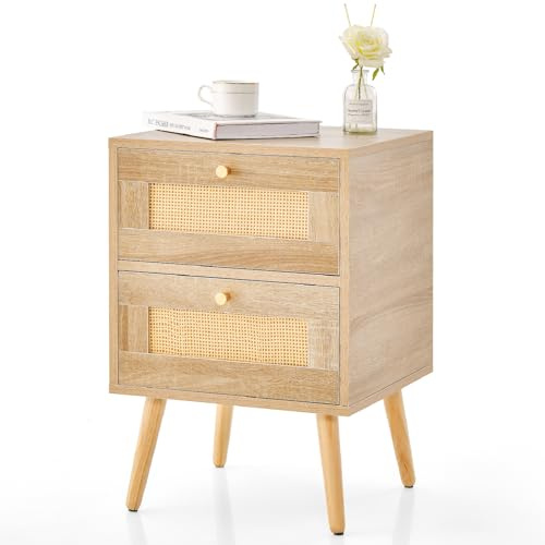 COSTWAY Rattan Bedside Table, Wooden Nightstand Sofa Side Table with 2 Storage Drawers, Solid Wood Legs Bedside Cabinet Accent End Table for Living Room Bedroom, 40x40x60cm, Natural (1)