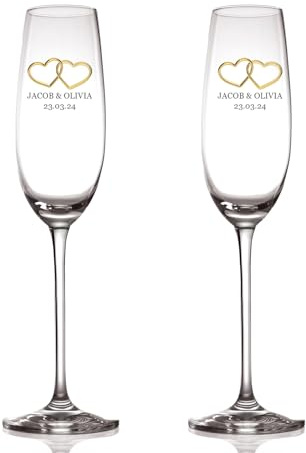 Personalised Wedding Champagne Glasses Set With Gold Hearts