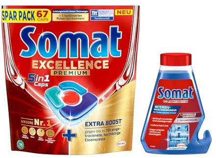 SOMAT 5in1 Caps 67 AW Excellence Premium, schnellauflösende Spülmaschinentabs mit Extra Boost, entfernen hartnäckige Essensreste + Somat Duo Power Experten Intensiv-Maschinenreiniger 250ml