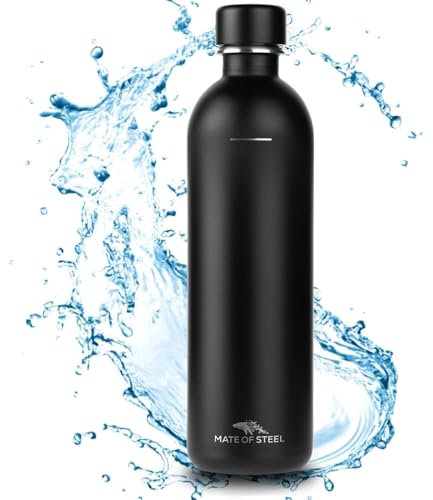 MATE OF STEEL® 100% Plastikfreie 1000ml Edelstahl Flasche Kompatibel mit Sodastream Terra,Fizzi & Art - Spülmaschinenfest | 1 Liter Trinkflasche aus Metall Soda Flaschen Ersatzflaschen (Black, 1.0L)