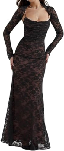 FENXIXIONE Robe de soirée 2 pièces pour femmes, Corset Capelet à fleurs, maille douce, Sexy, châle, cordon de serrage, dentelle, robe Maxi (Noir,M)