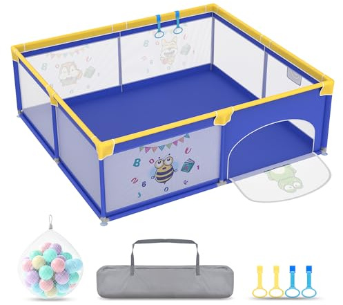 Froadp Lekhage för babylekhage, lekhage med dörr, Oxford säkerhetslekplats, skyddsgaller, med bärväska, bollar och 4 dragringar (180 x 200 x 68 cm, blått djur)