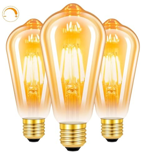 SCNNC Ampoule LED Edison E27 Vintage 6W Dimmable, Ampoule LED E27 ST64 Blanc Chaud 2700K, Ampoule Antique Décorative Rétro, Ampoule à Filament LED E27 Pour Maison Café Bars Restaurant, Lot de 3