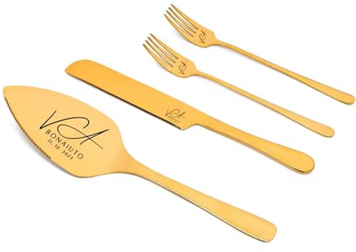 HDLOVE Personalisiertes Kuchenmesser Und Servieren Set, Benutzerdefinierte Name/Datum Hochzeitstorte Schneiden Set, Edelstahl-Messer Schaufel Und Gabeln Für Hochzeit, Jubiläum, Geburtstagsparty(Gold)