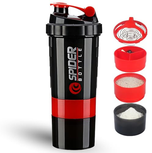 DDUP Protein Shaker Bottle, 16oz 3 Layer Twist Off GYM Shaker Cup Shake Bottle with Mix Grid and Pill & Supplement Storage,Leak Proof Shaker for Protein Shakers (Red)