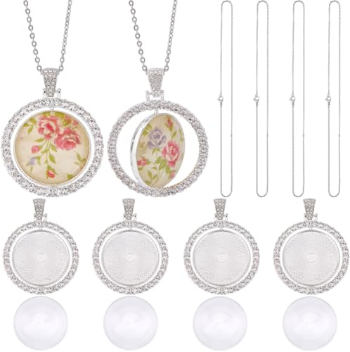 SOFPLATE 1 Box 24 Stück 30mm Runde Strass Tabletts Anhänger Set Runde Lünetten Anhänger Tabletts Glas Cabochon Rohlinge Doppelseitiges Drehbares Tablett Mit Silbernen Ketten Für Schmuckherstellungszu