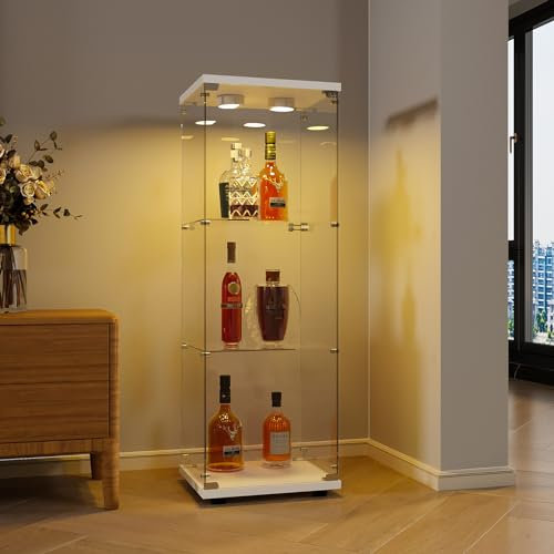 Ravas Glasvitrine mit LED und Schloss, Standvitrine mit 3 Böden aus ESG, Modern Vitrinenschrank für Wohnzimmer Schlafzimmer Büro, Weiß, 125× 42 × 36 cm