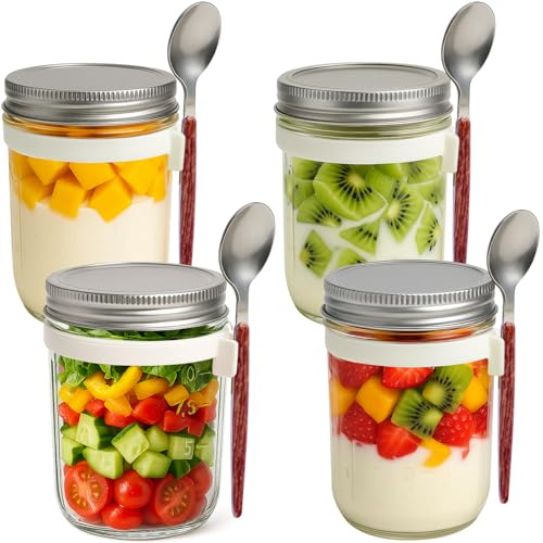 OBDKCAN Overnight Oats Gläser mit Deckel Löffel,Gläser Overnight Oats Glas Müslibecher mit Messmarken Mason Jar Leak Proof Joghurtbecher to go Wiederverwendbare (4-teilig Oats Gläser)