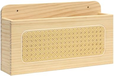 Rustic Wall Mounted Magazine Rack - Solid Wood Mail Holder with Natural Rattan Weave, Boho Floating File Organizer & Vinyl Record Display Shelf, Decorative Letter Holder for Entryway, Office (1 Pack)