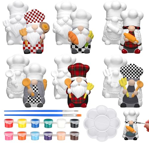 Eersida 6 Sets Gnome Ceramics to Paint Pumpkin Ready to Paint Your Own Ceramic Gnome Statues DIY Unpainted Ceramics Paintable Figurines Kit Crafts with Brush Palette(Chef Gnome)