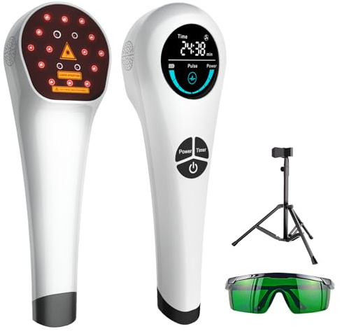Zelvory Kaltlaser Rotlicht Therapiegerät mit Ständer, Handgerät Rotlichtlampe Therapie zur Behandlung von Muskel und Gelenkschmerzen, Infrarot Schmerz Laser für Menschen und Haustiere 4*808nm+14*650nm