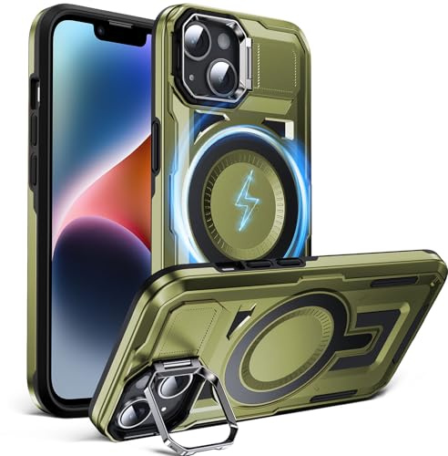 DASFOND Shield Series for iPhone 13/iPhone 14 Case with Camera Stand [Compatible with MagSafe] Military Shockproof Protection Heavy Duty Lens kickstand Magnetic Phone Cover iPhone 14/13, Olive Green