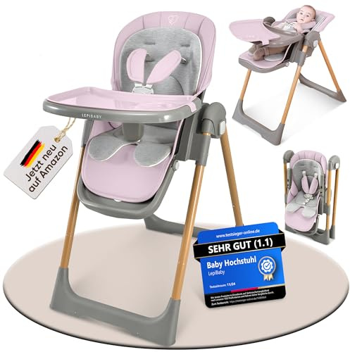 LepiBaby Hochstuhl Baby mit Liegefunktion & Neugeborenenaufsatz, 0-3 Jahre | Hochstuhl Klappbar & Höhenverstellbar, Baby High Chair ab Geburt & 6 Monate, Essen Stuhl Kinder Mitwachsend, FlexiCo Rosa