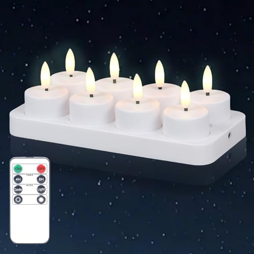 WIYETY LED Teelichter mit Timer 8 Stück Wiederaufladbare Flackernde Kerzen, Elektrische Teelichter mit Fernbedienung und Ladestation für Wohnzimmer Dekoration, Hochzeit, Weihnachten