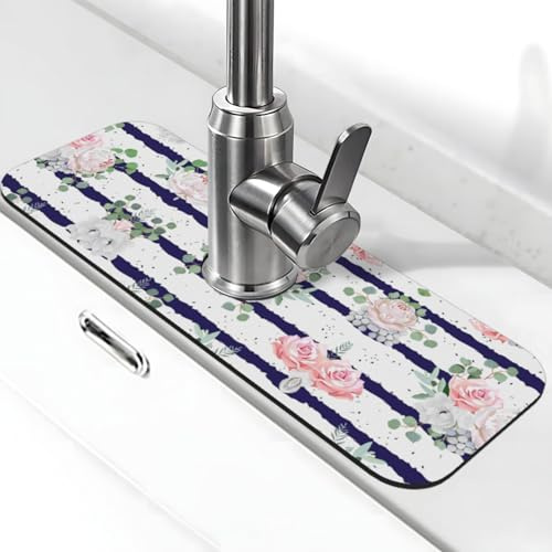Tapis de robinet bleu marine à rayures imprimées en pierre pour évier de cuisine, tapis absorbant en diatomite, protection anti-éclaboussures pour salle de bain et cuisine (38,1 x 14 cm)