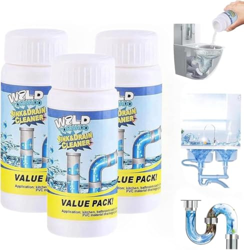 Powerful Sink & Drain Cleaner, Pipe Dredge Deodorant, Sink and drain cleaner Powder, Wild sink and DrainCleaner, Powerful drain cleaner, Wild Pipe Cleaner, For Toilet Kitchen Bathroom Shower (3pcs)