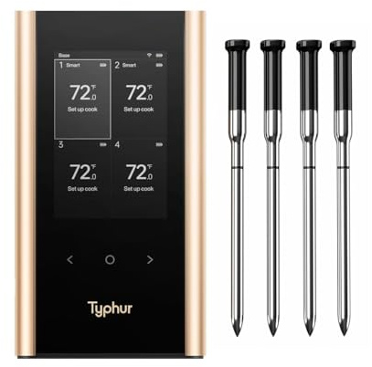 Typhur Sync Gold Fleischthermometer Kabellos mit 4 Schlanke Sonden, KI APP | Smart Grillthermometer kabellos mit 6 Sensoren, 10x Stärkeres Signal, ±0,3°C Genauigkeit, Aluminium Basis, IPX8 Wasserdicht