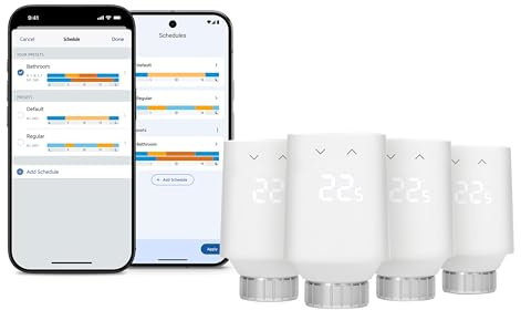 Eve Thermo (Matter, 5e gén) 4 Pack – Smart Thermostat Radiator Valve, Nouveau Design, Automatic Temperature Control, Alexa, Apple Home, Samsung SmartThings, Google Home, Nécessite Un concentrateur