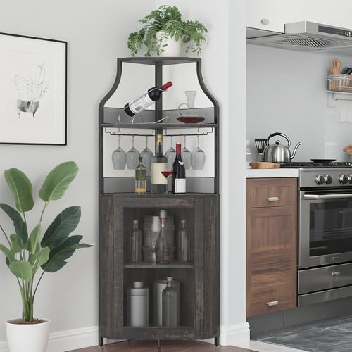 Garvee Armario de Vino Esquinero, Mueble Bar Industrial de 5 Niveles con Botellero y Porta Copas, Estantería para Vinos con Puerta de Malla para Salón, Bar, Comedor, Cocina, Gris Oscuro