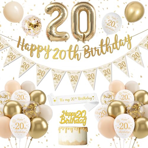 Decorazioni Compleanno 20 anni Donna, Bianco Oro Addobbi Palloncini, Festone Buon Compleanno Pallone Foil Gigante Numero 20, Palloncini 20 Anni Decorazioni Festa