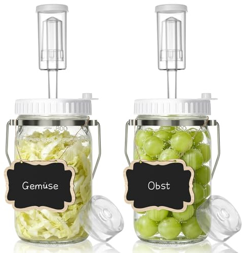 Mittimiya 2 stycken 1 l fermenteringsglas med bärhandtag, fermenteringsglas med fermenteringsvikter, jäsventil och etiketter, för surkål, kimchi, kombucha, gurkor och mer