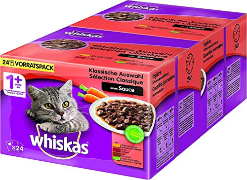 Whiskas 1+ Katzennassfutter – Klassische Auswahl in Sauce – Hochwertiges Feuchtfutter in 48 Portionsbeuteln für eine glückliche Katze ab 1 Jahr – Katzenfutter – 2er Pack (2 x 24 Portionsbeutel à 100g)