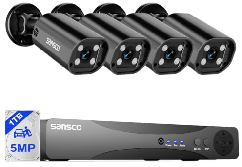 SANSCO 3K Wired Outdoor Home CCTV Security Camera System w/ 1TB Hard Drive | 2-Way Audio, Color Night Vision, 4 x 5MP Security Camera, Motion Detection, App Alerts, 24/7 Recording Expandable up to 8 Cam