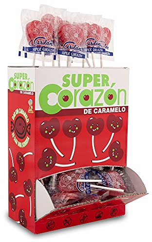 Caramelos Cerdán - Sucettes Géantes Super Cœur Saveur Cerise | Bonbon Dur sans Gluten ni Allergènes | Idéal pour Fêtes, Saint-Valentin et Anniversaires | Boîte 80 Unités