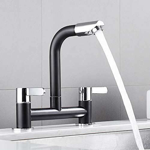 Black Kitchen Sink Mixer Taps Dual Lever Modern Swivel Spout Deck Mounted Basin Brass Tap 1/4 Turn Easy Use 2 Hole Faucet