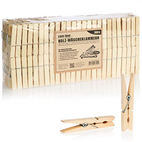com-four® 300x Wäscheklammern aus Birkenholz, Holzklammern Natur | Unbehandelte Klammern zum Wäscheaufhängen und Basteln, nachhaltig und vielseitig verwendbar