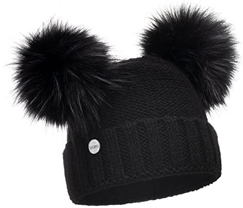 ELIMELI Winter Mütze mit Zwei Bommeln - Warme Wintermütze mit Kunstfell Bommel - Slouch Beanie - Bommelmütze - Fleece Gefütterte Damenmütze (Schwarz)