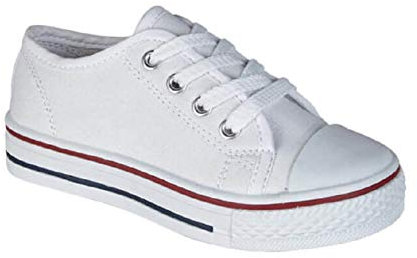 GladRags Boys Girls Kids Lace Up Canvas Low Top Trainers, Pumps, Plimsolls, White, Size Youth 6