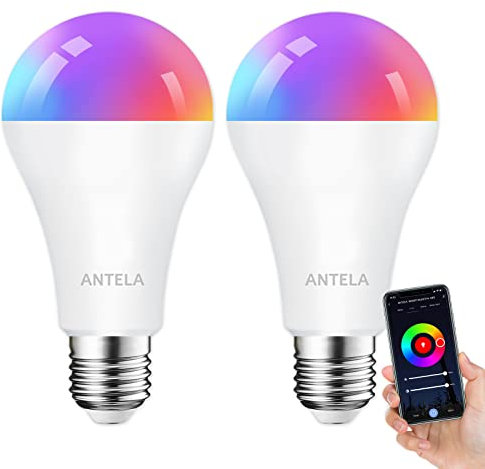 ANTELA Lampadine LED Alexa Inteligente WiFi E27 12W 1350LM, Dimmerabile Lampadina Smart, 94W equivalente, RGB & 2700K-6500K bianco freddo caldo, compatibile con Alexa/Google Home, 2 pezzi