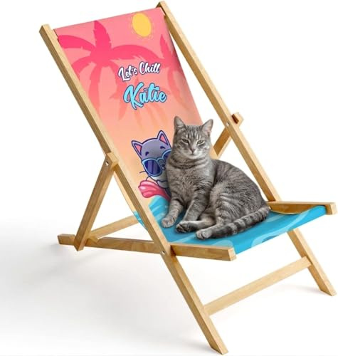Ferocity Kinder Holz-Liegestuhl Personalisierbar Klappbar Klappliegestuhl Sonnenliege Strandstuhl Wechselbezug Motiv Katze Chill [119]