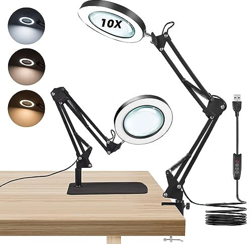 Towwoo Lupe mit Licht und Ständer, 10X Lupenleuchte mit Klemme und Großer Basis, 72 Dimmbar LEDs, 3 Farbmodi 10 Helligkeit, Tischlupe mit Beleuchtung für Naharbeiten, Schmuck, Lesen, Reparieren