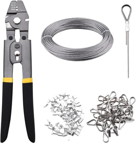 MUSLONG Set di pinze crimpatrici per funi metalliche, per fune in acciaio inox, 50 m, 1,5 mm, con 200 manicotti in alluminio e 50 pezzi, per ringhiere, decorazioni, appendere immagini