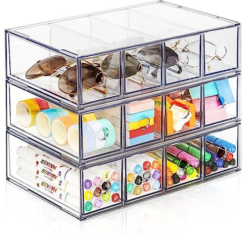 ToyaJeco Schreibtisch Organizer mit 12 Schubladen, Stapelbare Desktop Aufbewahrungsbox mit herausnehmbarer Schublade, Klar Brillenorganizer für Office Supplies Schreibwaren Markierungen Sonnenbrille