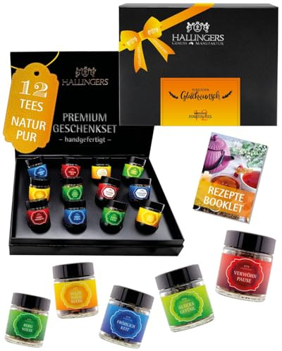 Hallingers Genuss Manufaktur Tee Glückwunsch-Geschenk-Set - 12 Sorten premium loser Tee Probierset in edler Geschenkbox mit Rezept-Booklet Herzlichen Glüc..., Geschenkidee für Frauen Männer