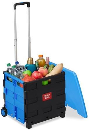 Relaxdays Carro de la Compra Plegable, Carrito de Transporte con Ruedas y Tapa, Asa Telescópica, hasta 35 kg, Azul/Negro