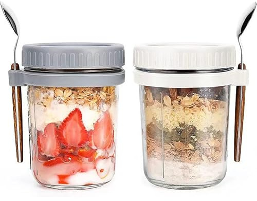 PIQIUQIU Overnight Oats Lot de 2 récipients à avoine, avec couvercle et cuillère, 400 ml, pour céréales à emporter, yaourt, avoine, lait, yaourt, fruits