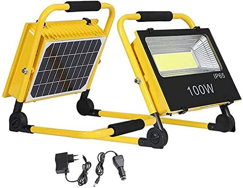 Générique Projecteur Solaire avec télécommande, projecteur de Chantier Portable COB LED, 2 Modes d'éclairage, Batterie Rechargeable de 5 000 mAh, Lampe de Travail extérieure étanche, Lampe d