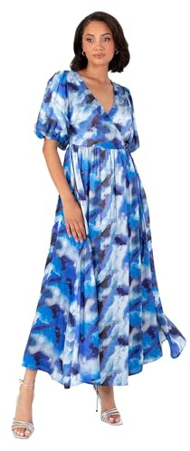 Lovedrobe Women's Midaxi Dress Ladies Satin Short Puff Sleeve V-Neckline Wrap A-Line Floral Print Evening Occasion Wedding Guest Vestido, Azul, 48 para Mujer