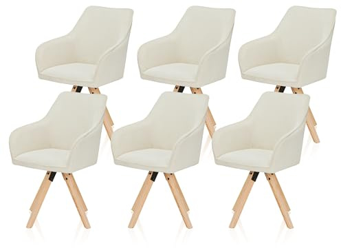 KHG Esszimmerstühle drehbar 6er Set, Drehstuhl mit Armlehnen Cord Beige, Stuhlbeine Holz Esche, Küchenstuhl, Polsterstuhl, Essstuhl, Armlehnstuhl, für Esszimmer Küche Büro