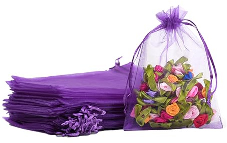 POPOYU 100Pcs Sachet Organza Violet, 9×12cm Pochette Bijoux, Sachet Lavande Vide, Tulle Dragées, Sachet Dragees, Pochon Bijoux, Sac Organza, Sac Cadeau Tissu, Jewellery Drawstring Bag, Pochons