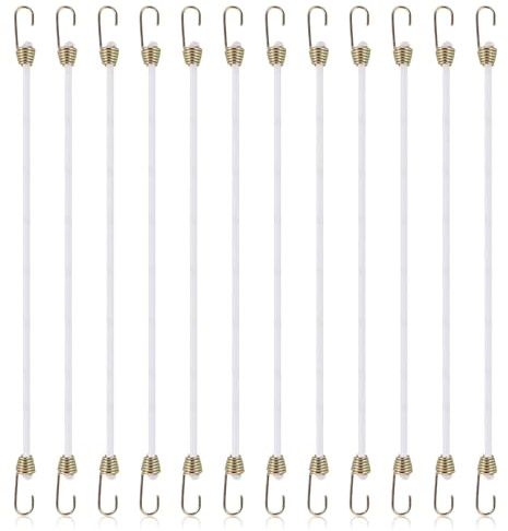 Piriuuo 12 Pcs White Bungee Cords With Hooks, 11 Inch Heavy Duty Bungee Straps Strong Elastic Rope Small Bungee Cords Rubber Strap For Camping Luggage Rack Car Tents Bikes Rvs