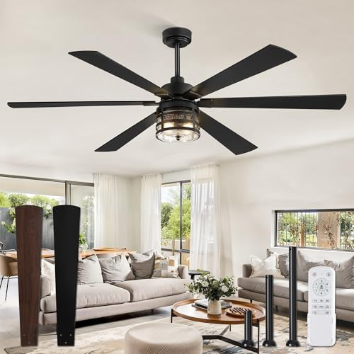 Fanbulous - Ventiladores de techo de 65 pulgadas con luces y control remoto, ventilador de techo grande industrial con motor CC reversible de 6 velocidades y 6 cuchillas de doble acabado, ventilador